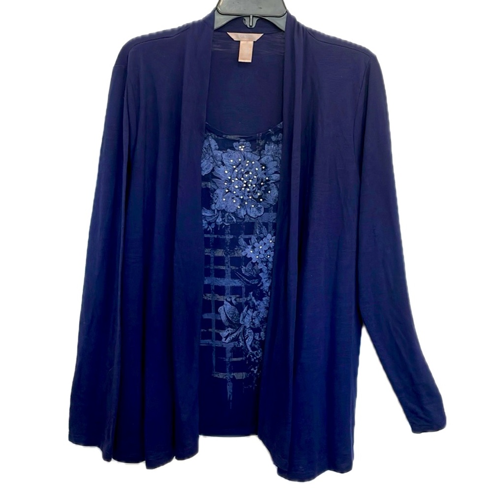 Women's White Stag 2-in-1 Navy Blue Print Long Sleeve Cardigan Shirt Blouse XXL